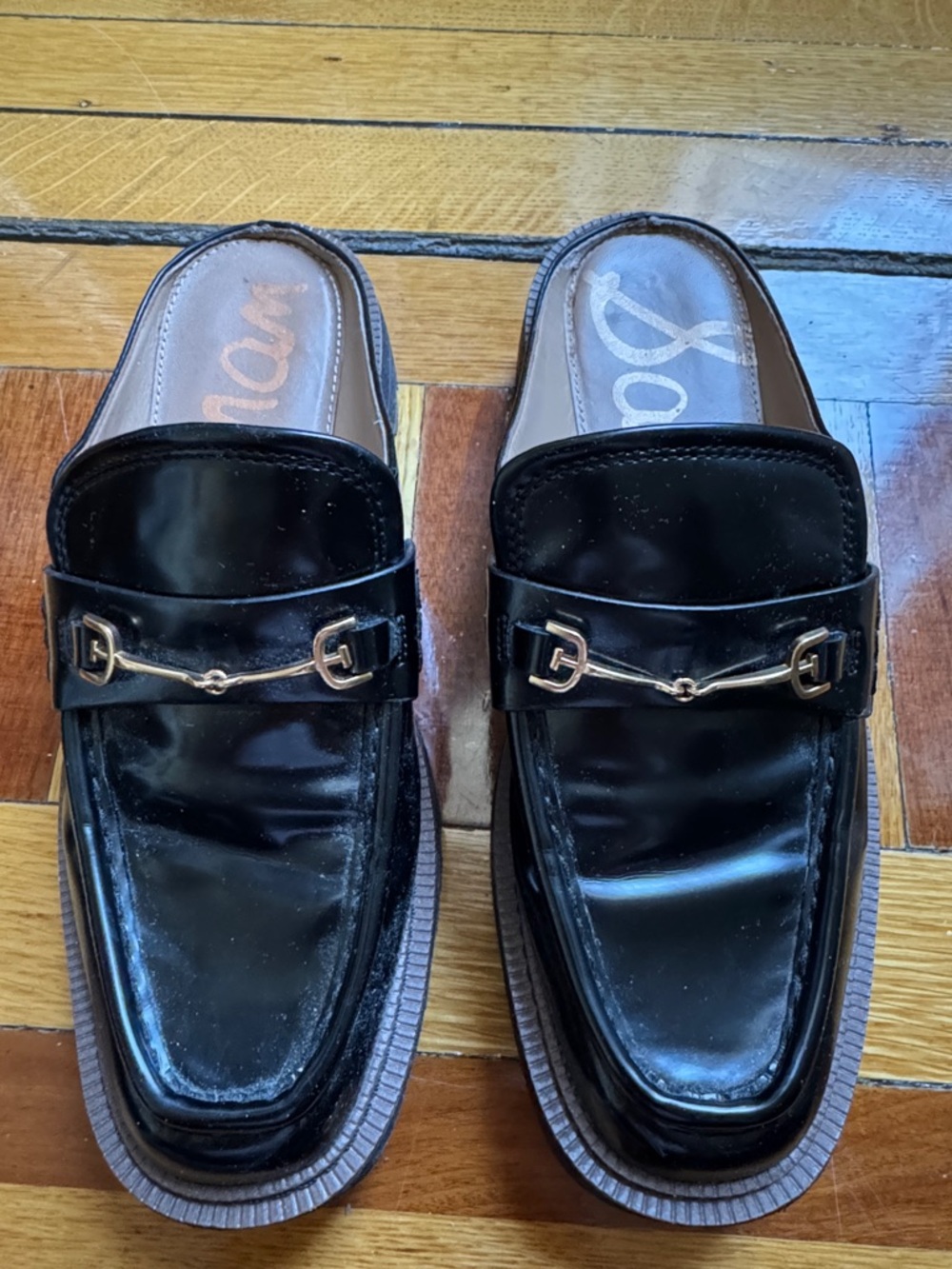 Sam Edelman Black Women’s Mule Lug-Sole Loafers with Gold Bit Detail